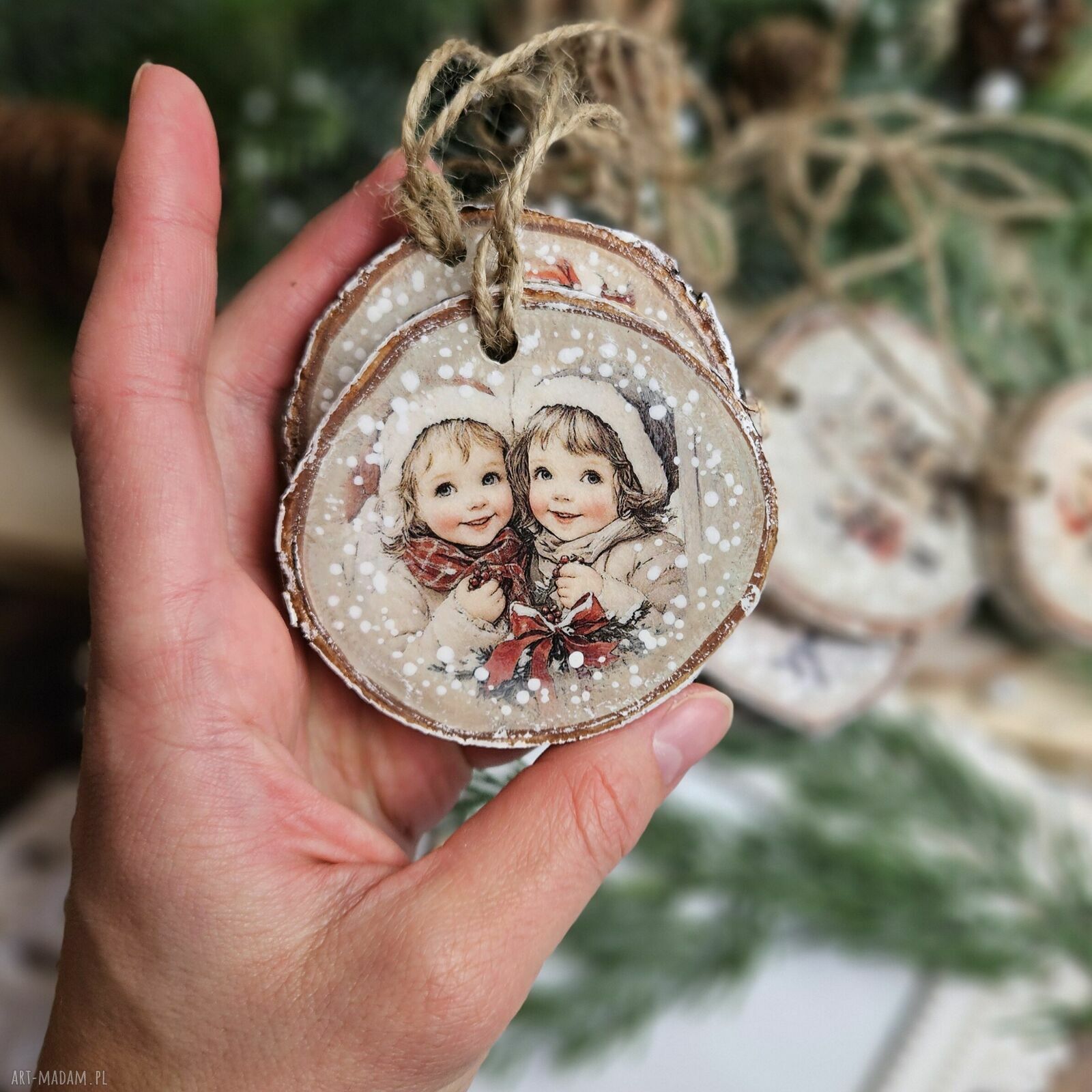 Zimowe plasterki - dekoracje choinkowe decoupage vintage (zestaw 5 szt.)
