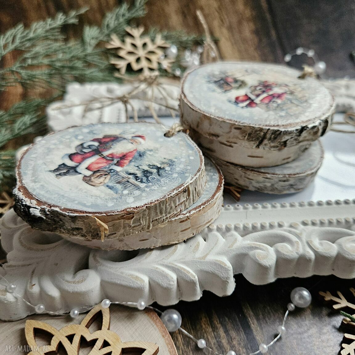 Zimowe plasterki - ozdoby choinkowe z decoupage Święty Mikołaj (zestaw 5 szt.)