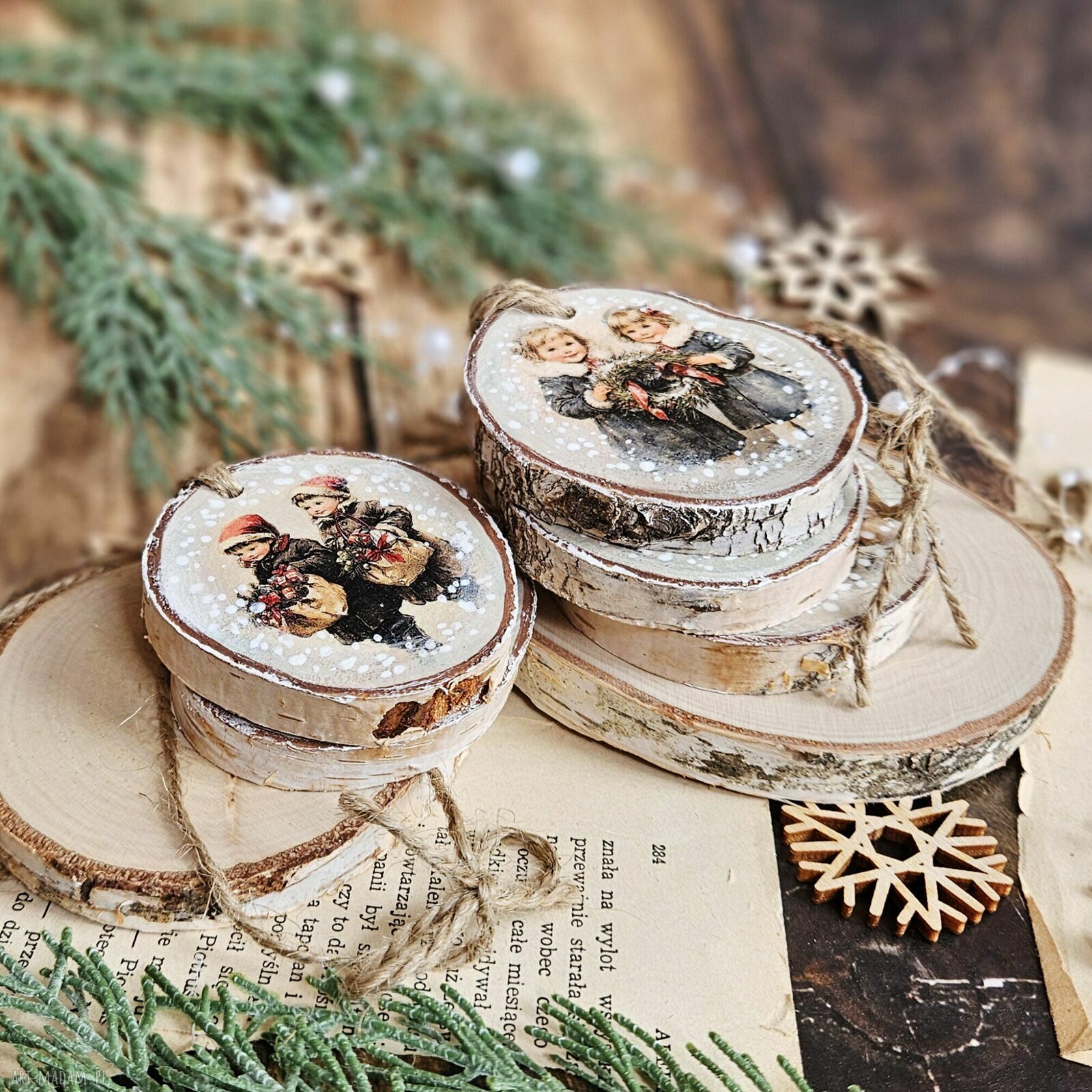 Zimowe plasterki - zestaw 5 ręcznie robionych ozdób choinkowych decoupage