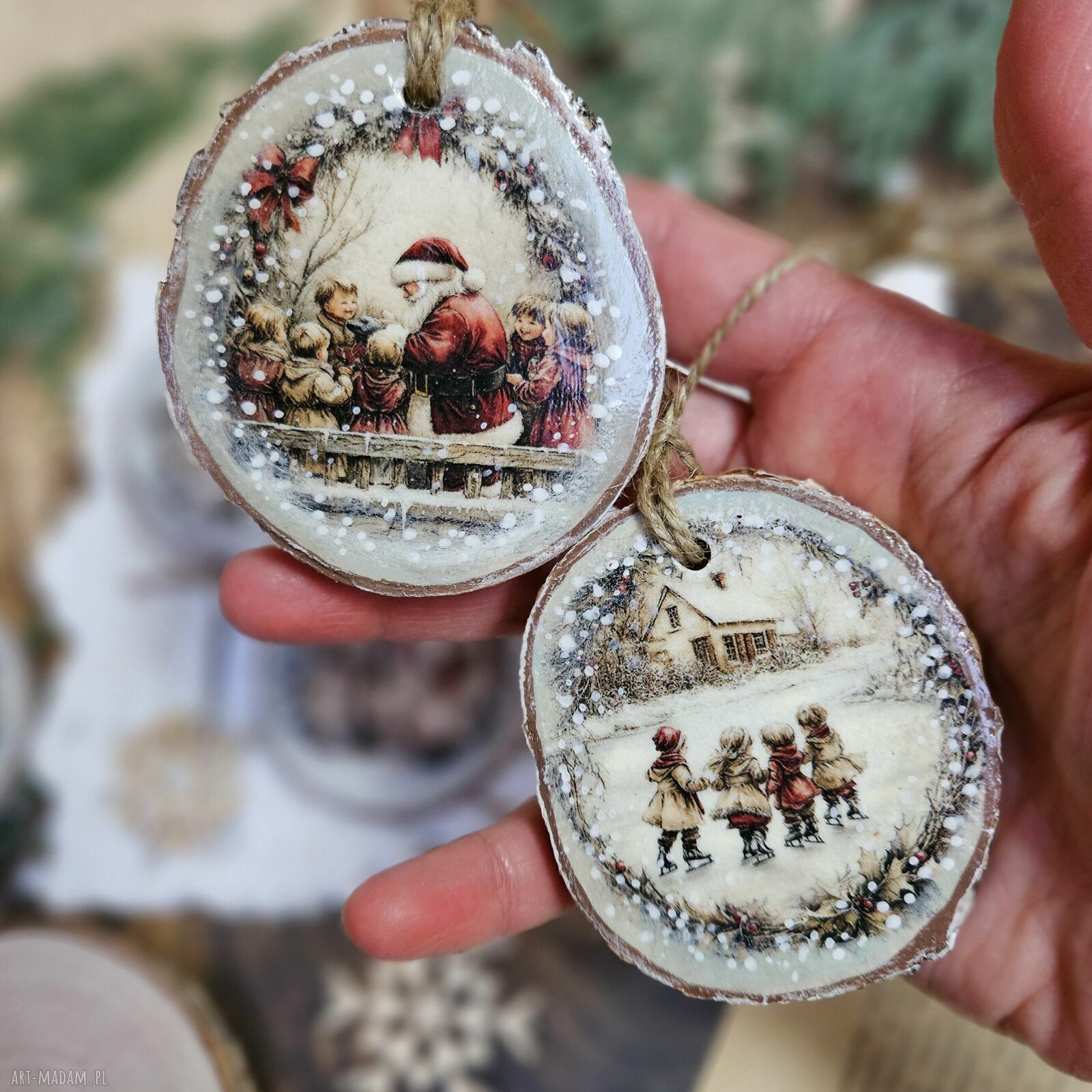 święta prezent: Zimowe plasterki dekoracje choinkowe decoupage vintage (zestaw 5 szt.)