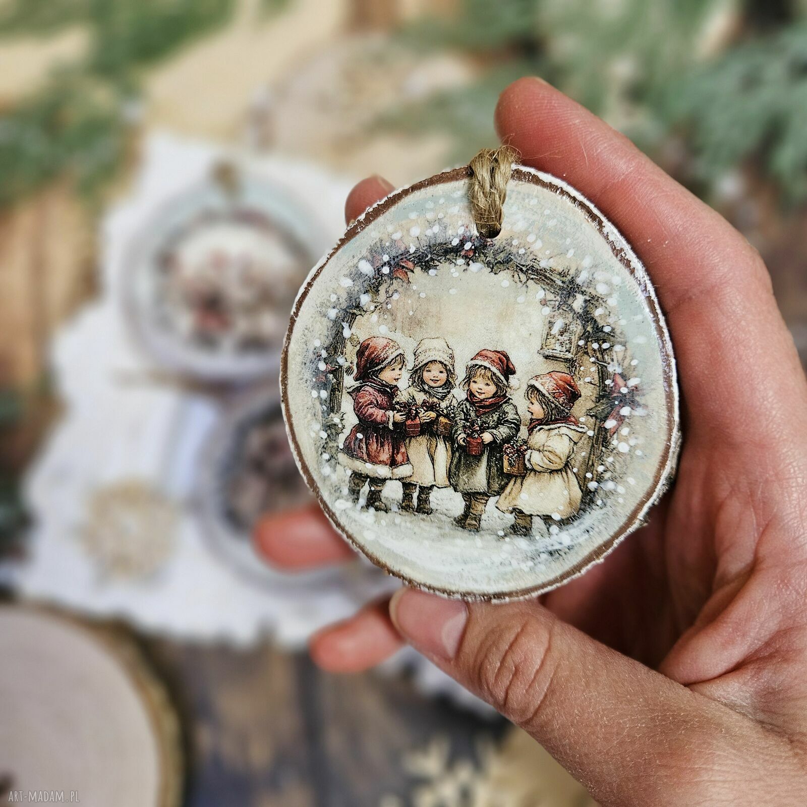 święta prezent: Zimowe plasterki dekoracje choinkowe decoupage vintage (zestaw 5 szt.)