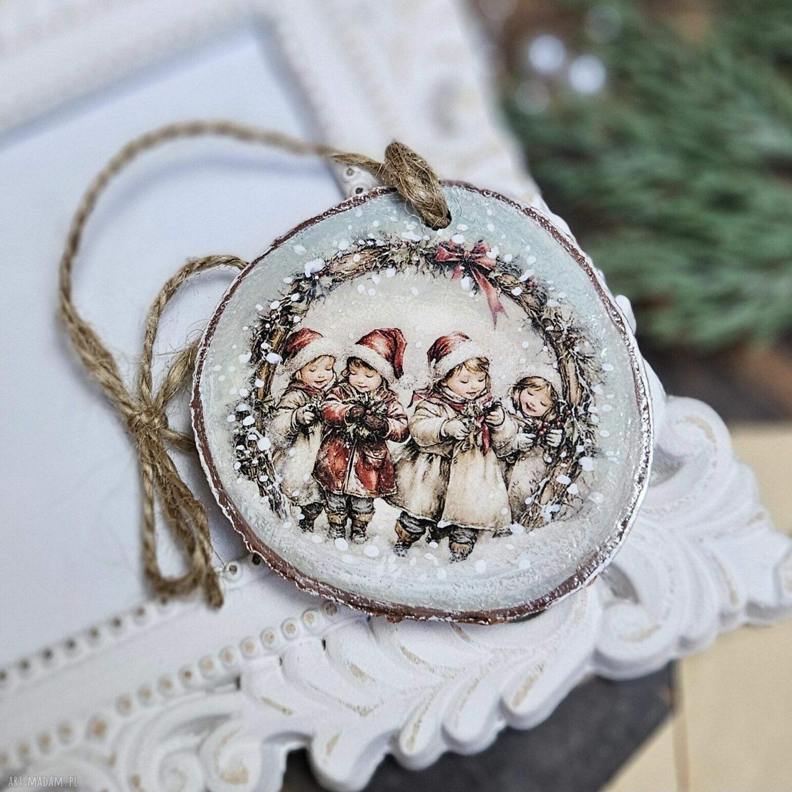 święta prezent: Zimowe plasterki dekoracje choinkowe decoupage vintage (zestaw 5 szt.)