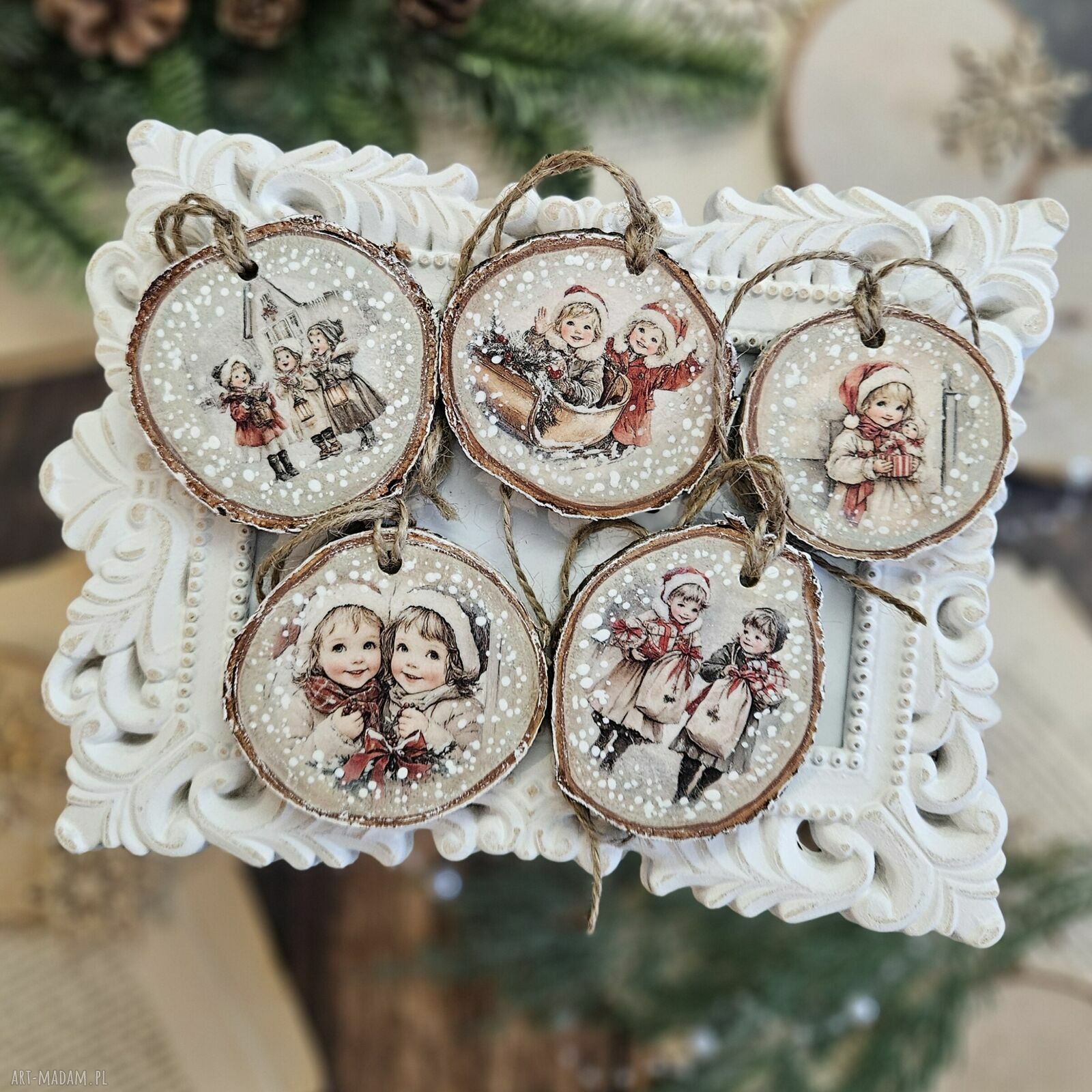 Zimowe plasterki - drewniane dekoracje choinkowe decoupage vintage (zestaw 5 szt.)