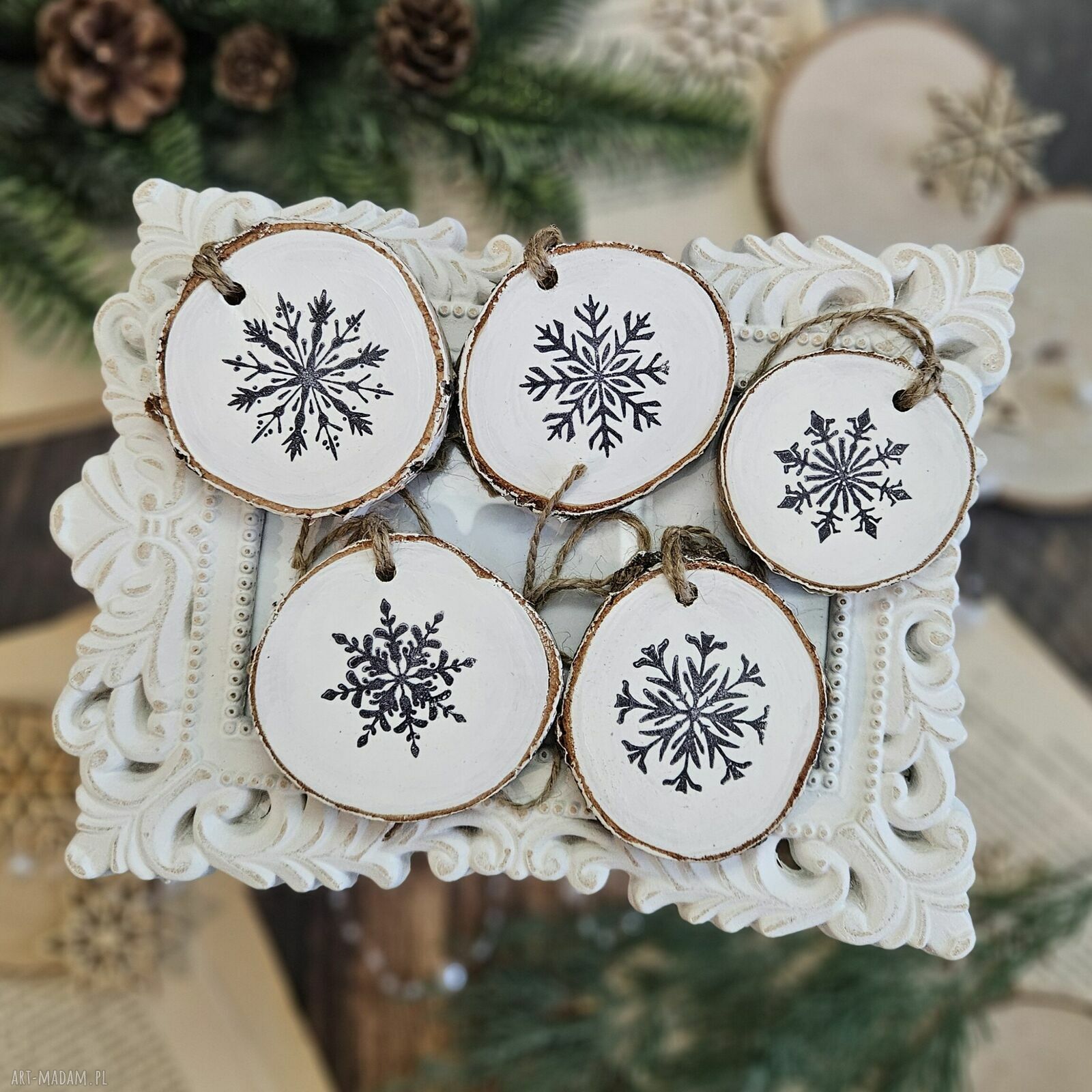 Zimowe plasterki - dekoracje choinkowe decoupage vintage (zestaw 5 szt.)