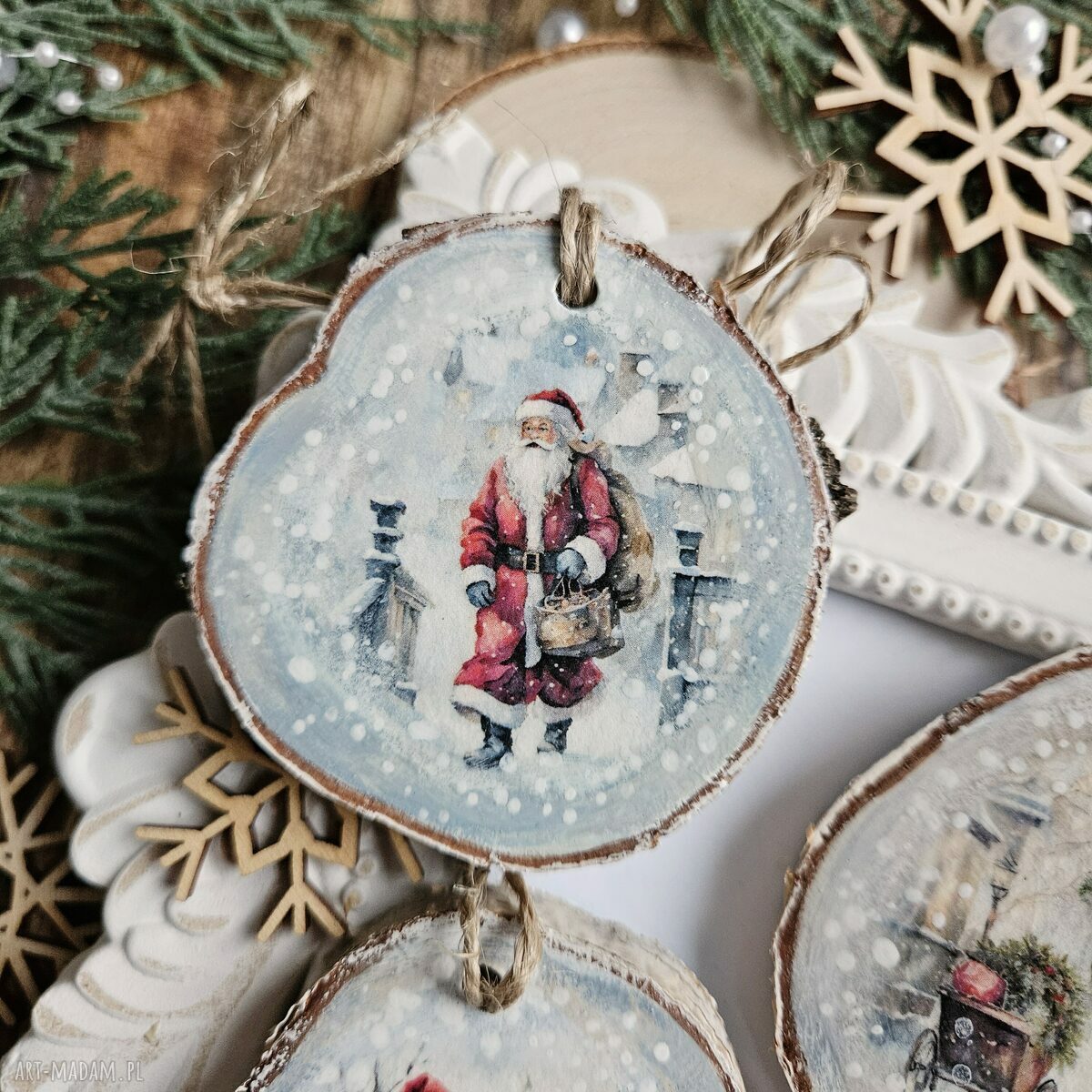 Zimowe plasterki - ozdoby choinkowe z decoupage Święty Mikołaj (zestaw 5 szt.)