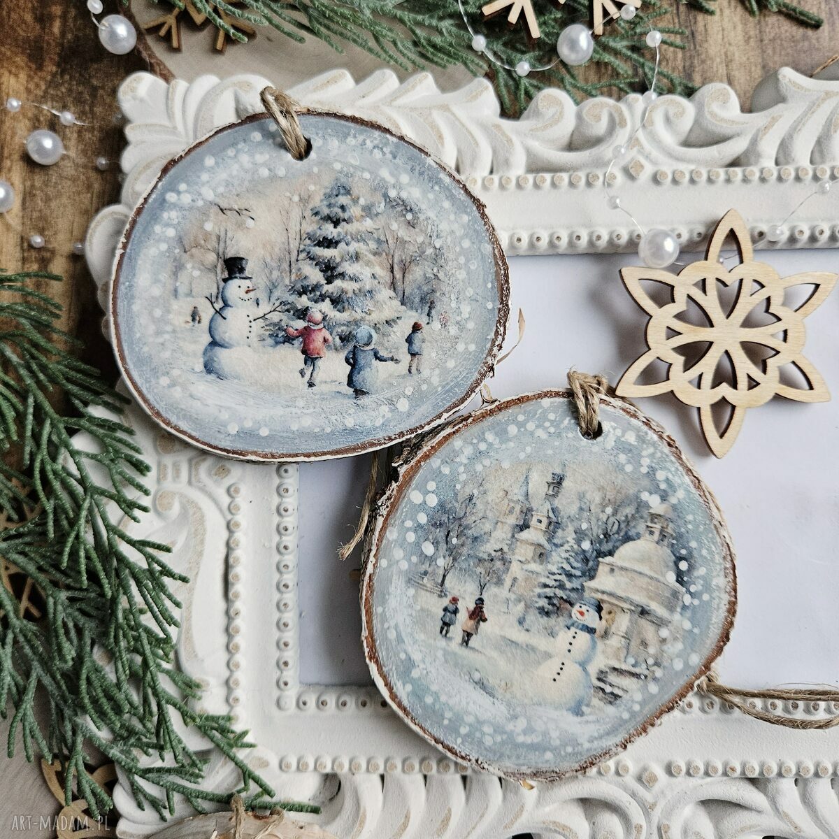 Zimowe plasterki - dekoracje choinkowe z decoupage i bałwankami