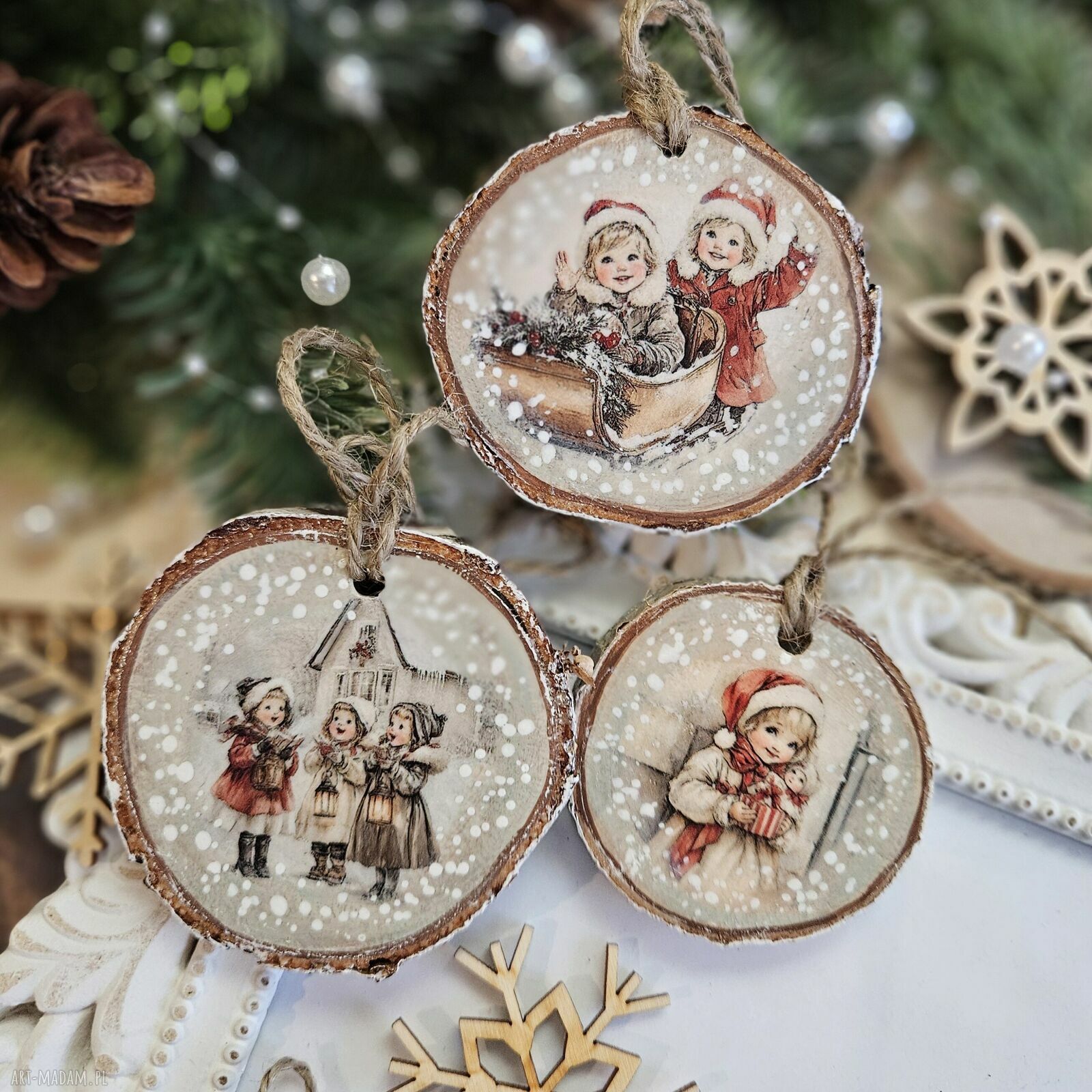 Zimowe plasterki - dekoracje choinkowe decoupage vintage (zestaw 5 szt.)
