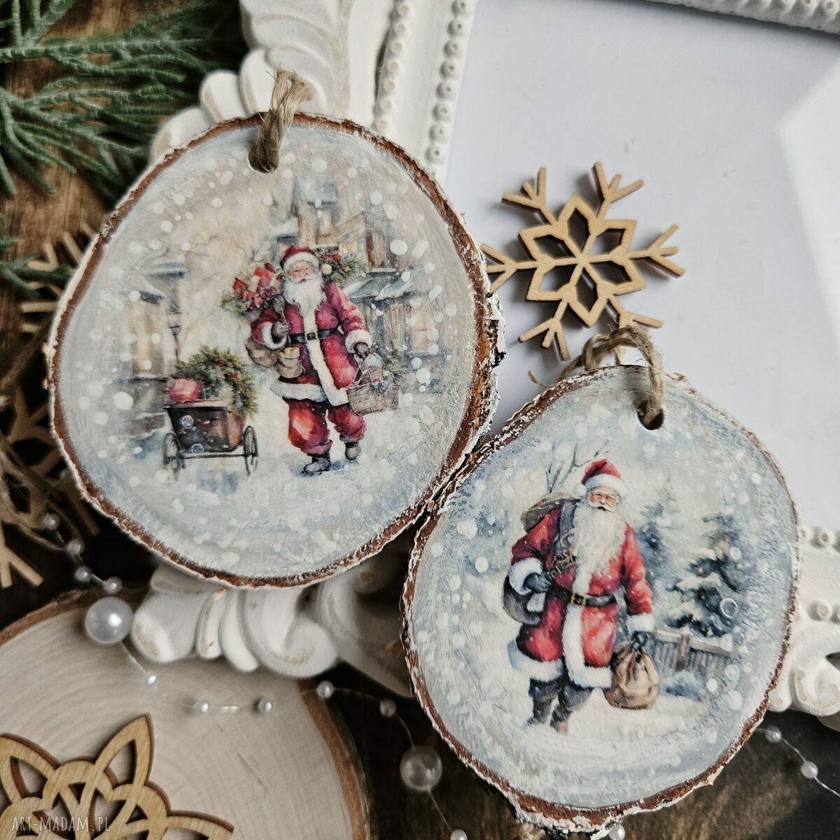 Zimowe plasterki - ozdoby choinkowe z decoupage Święty Mikołaj (zestaw 5 szt.)