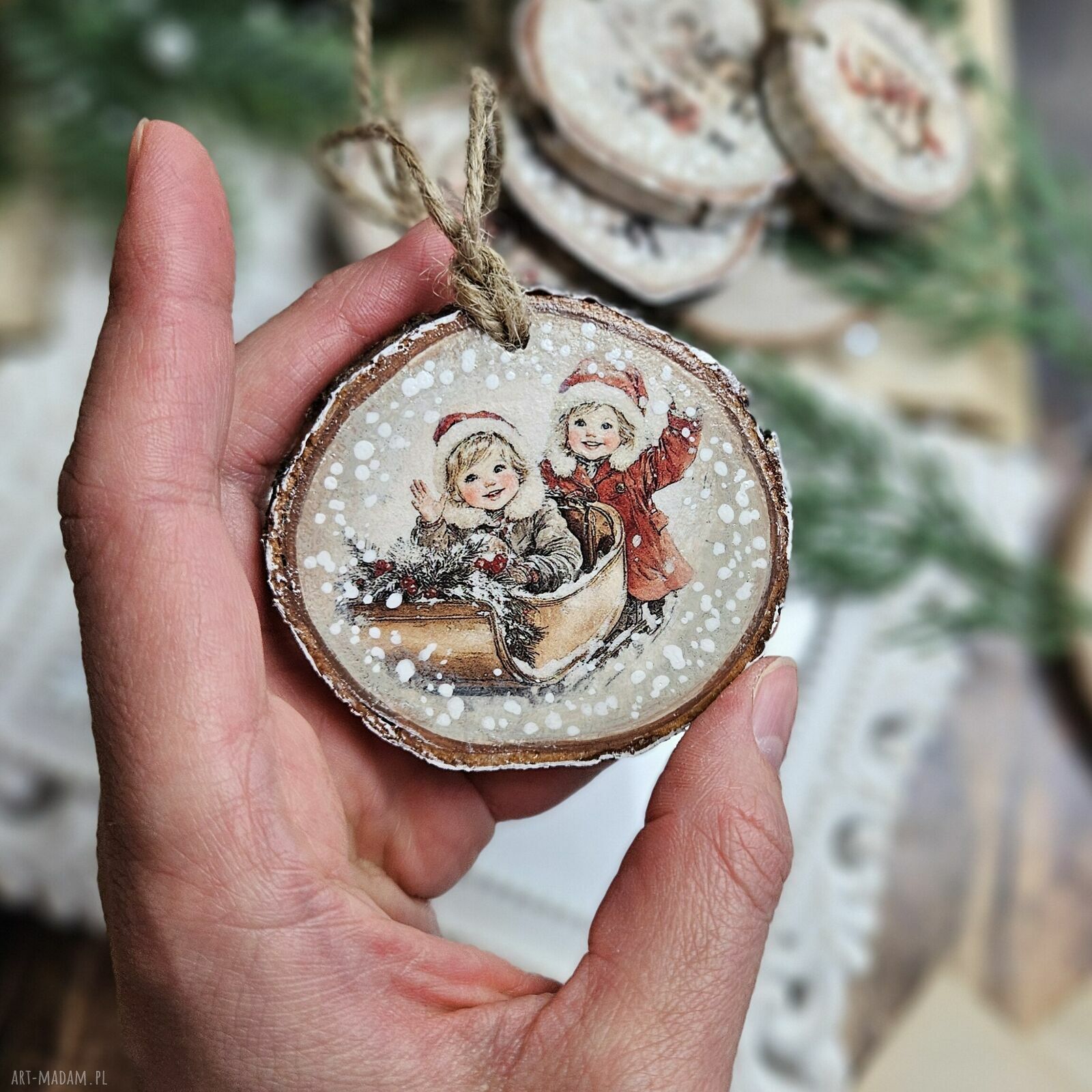 Zimowe plasterki - dekoracje choinkowe decoupage vintage (zestaw 5 szt.)