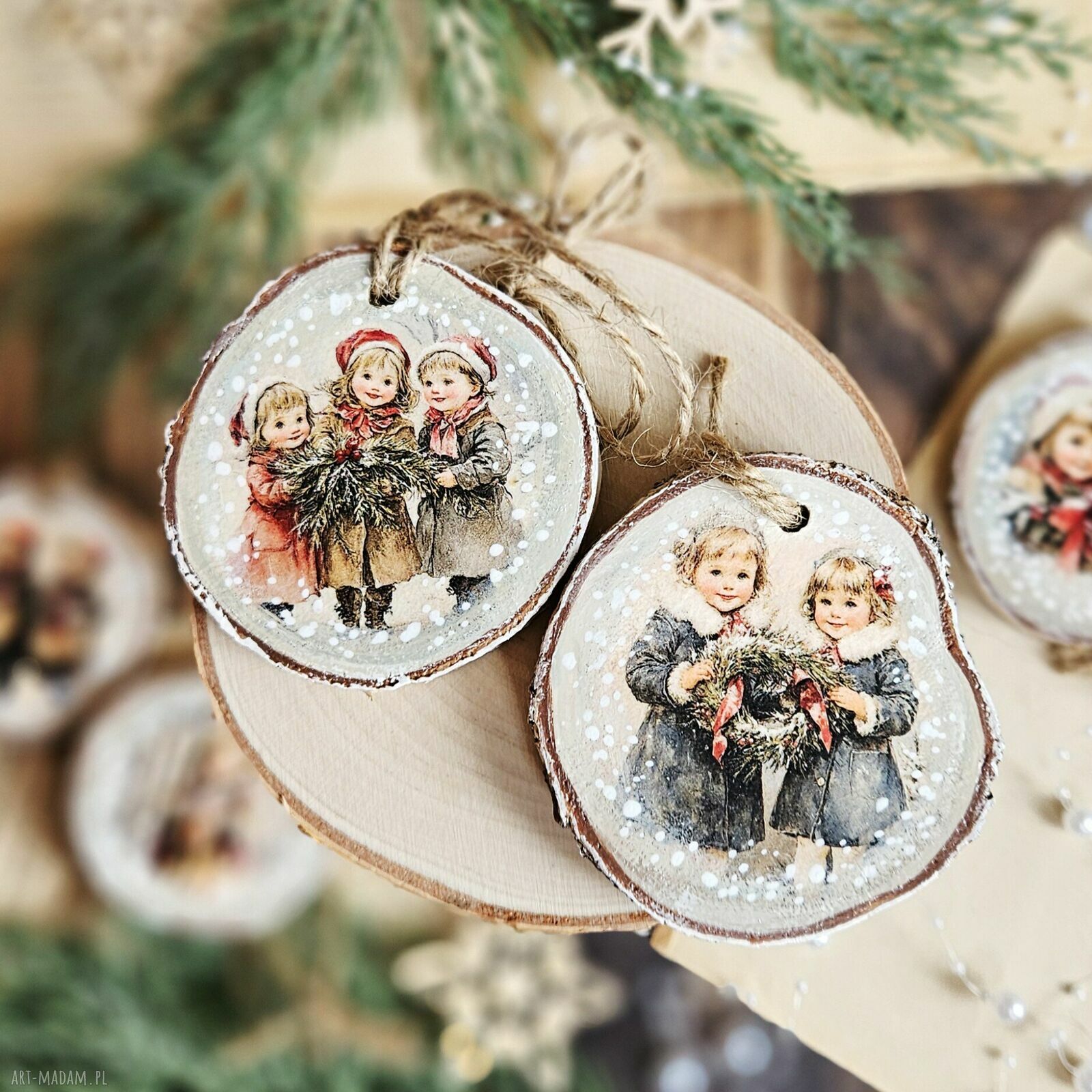 Zimowe plasterki - zestaw 5 ręcznie robionych ozdób choinkowych decoupage