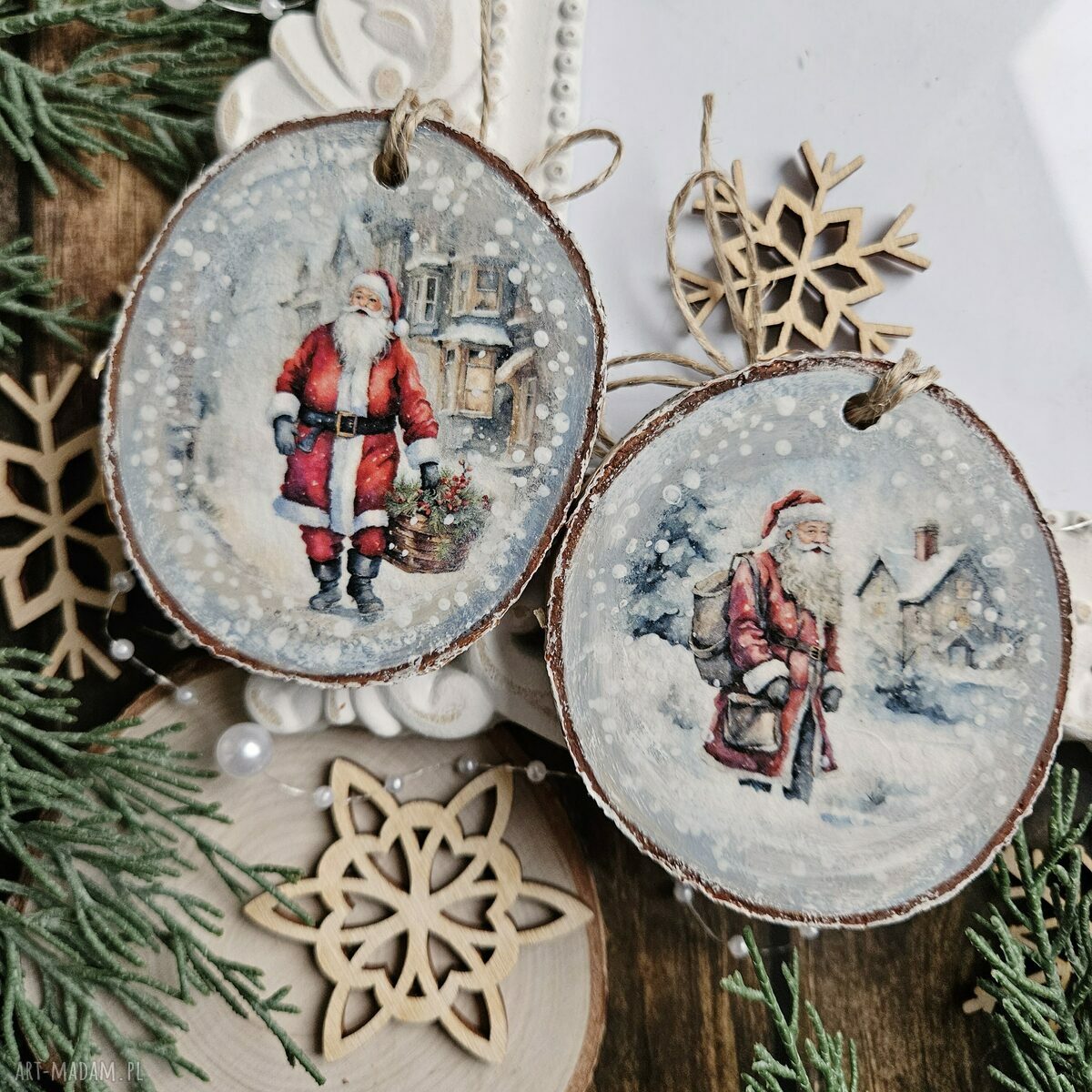 Zimowe plasterki - ozdoby choinkowe z decoupage Święty Mikołaj (zestaw 5 szt.)