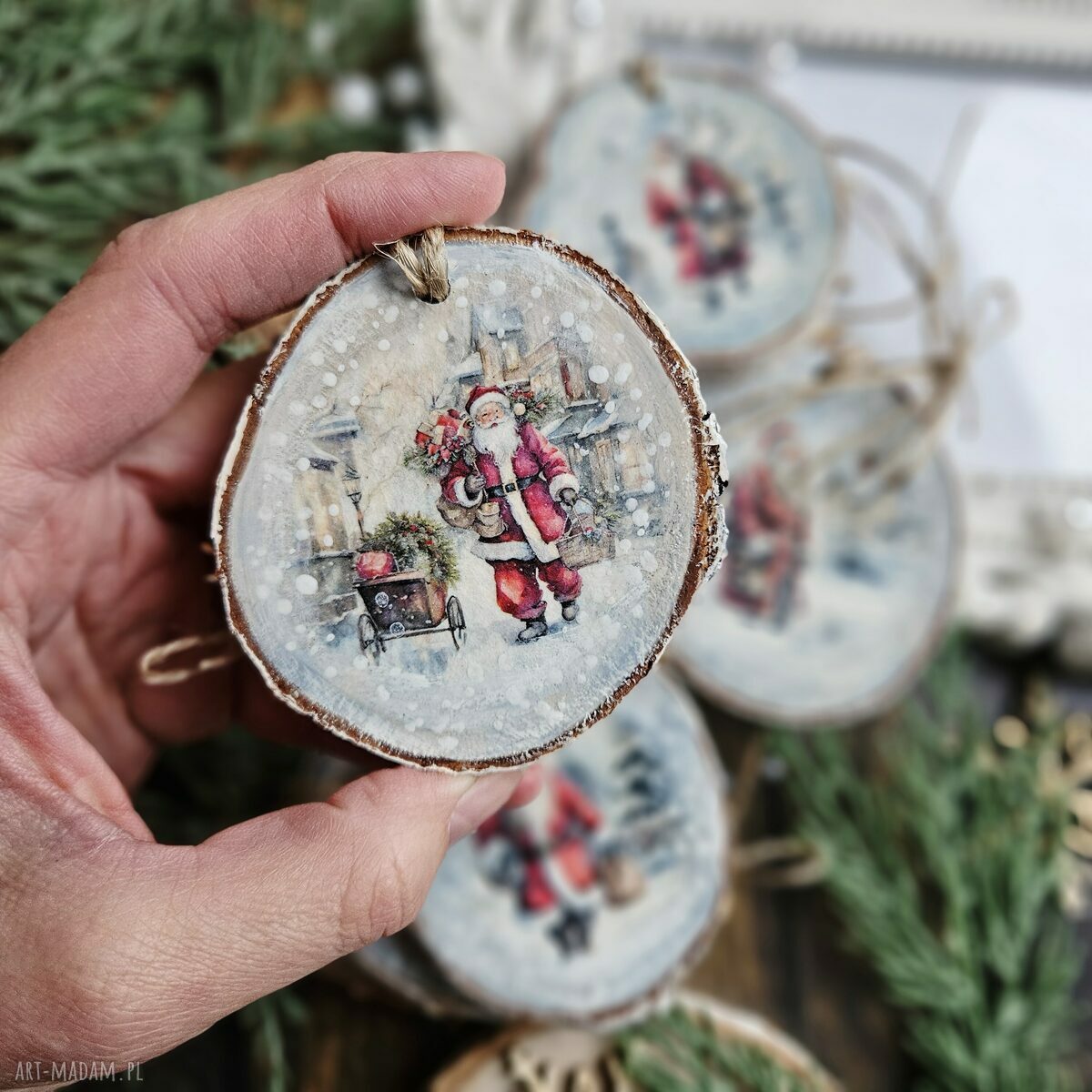 Zimowe plasterki - ozdoby choinkowe z decoupage Święty Mikołaj (zestaw 5 szt.)
