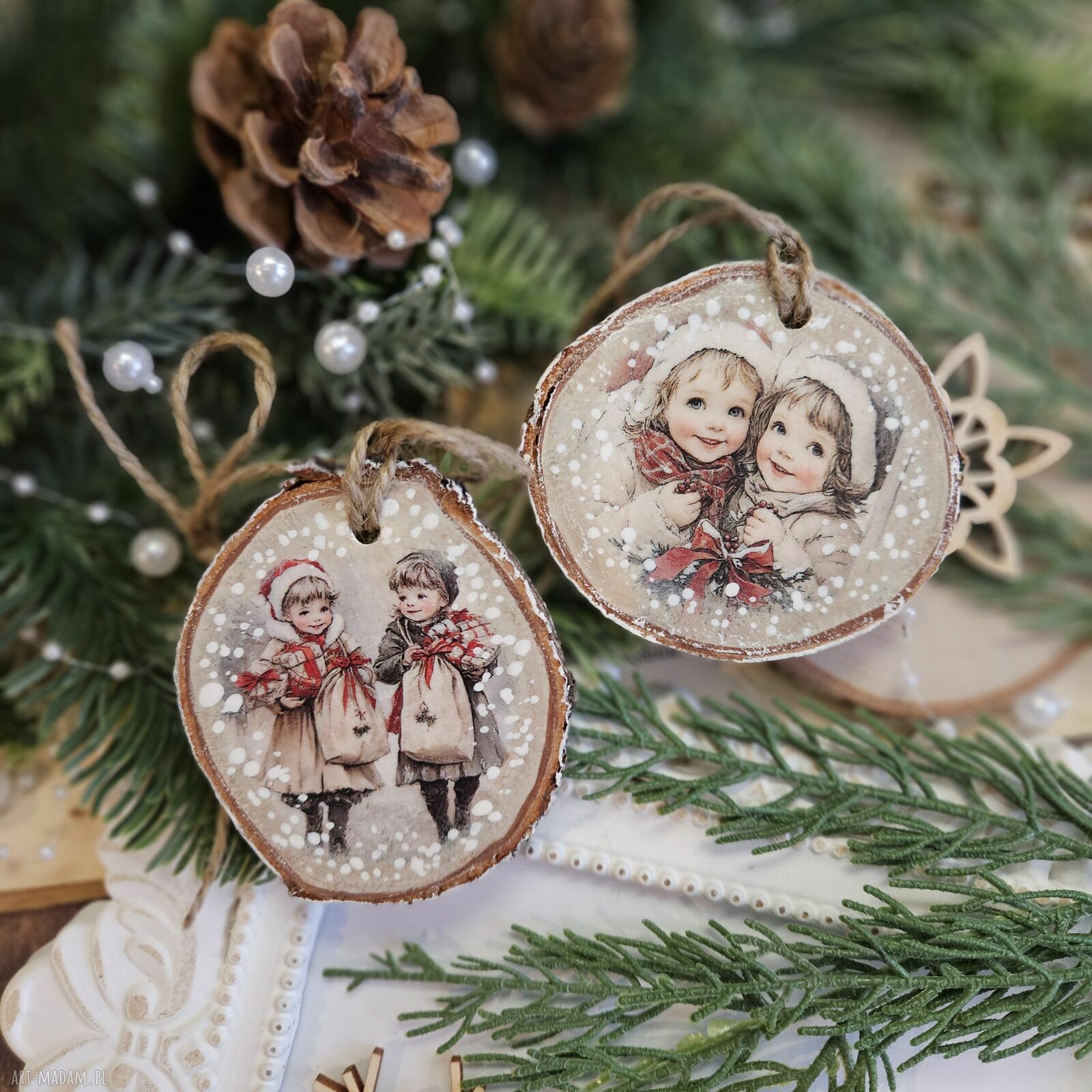 Zimowe plasterki - dekoracje choinkowe decoupage vintage (zestaw 5 szt.)