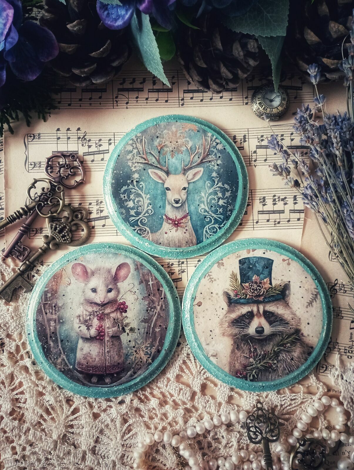Zimowe podkładki vintage „Baśniowa Kraina” komplet 3 szt., 10 cm