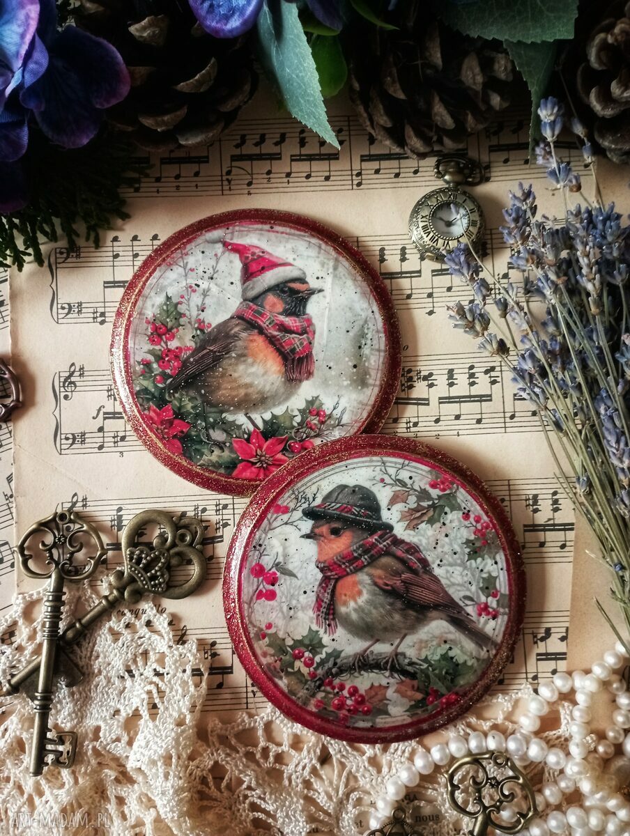 Zimowe podkładki vintage z sikorkami - komplet 2 sztuki 10 cm