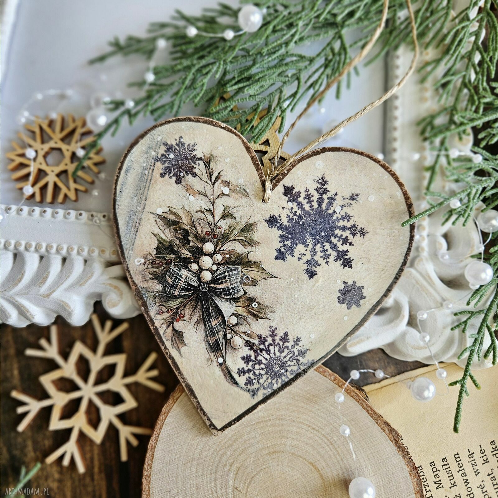 Zimowe serduszka z pieskami - zestaw 5 ozdób choinkowych vintage decoupage