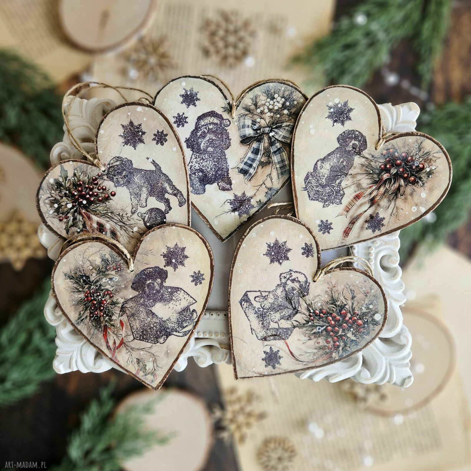 Zimowe serduszka z pieskami - zestaw 5 ozdób choinkowych vintage decoupage