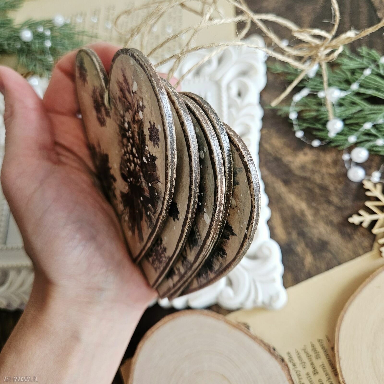 prezent święta: Zimowe serduszka z pieskami zestaw 5 ozdób choinkowych decoupage