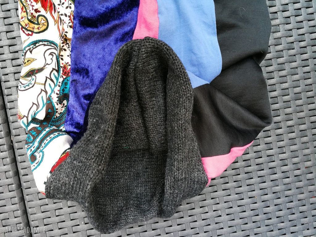 Ciepły komin zimowy boho folk szyty patchworkowo