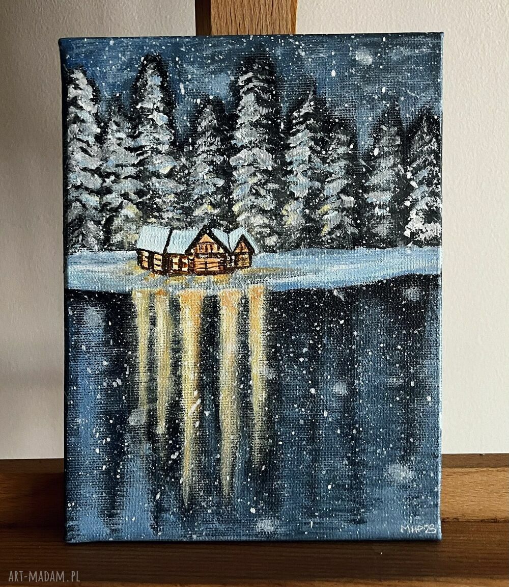 Ręcznie malowany obraz zimowy: weekend nad jeziorem (18x24 cm) w błękitach i turkusach