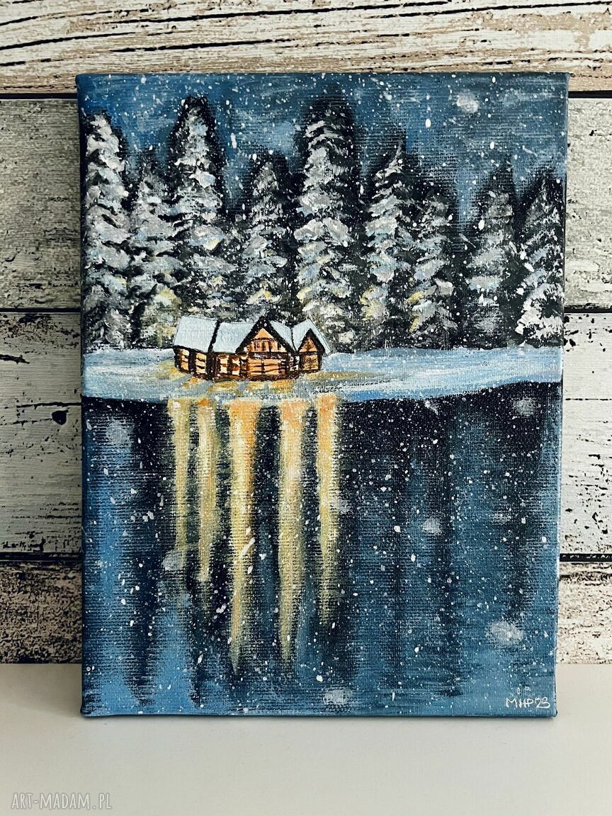 Ręcznie malowany obraz zimowy: weekend nad jeziorem (18x24 cm) w błękitach i turkusach