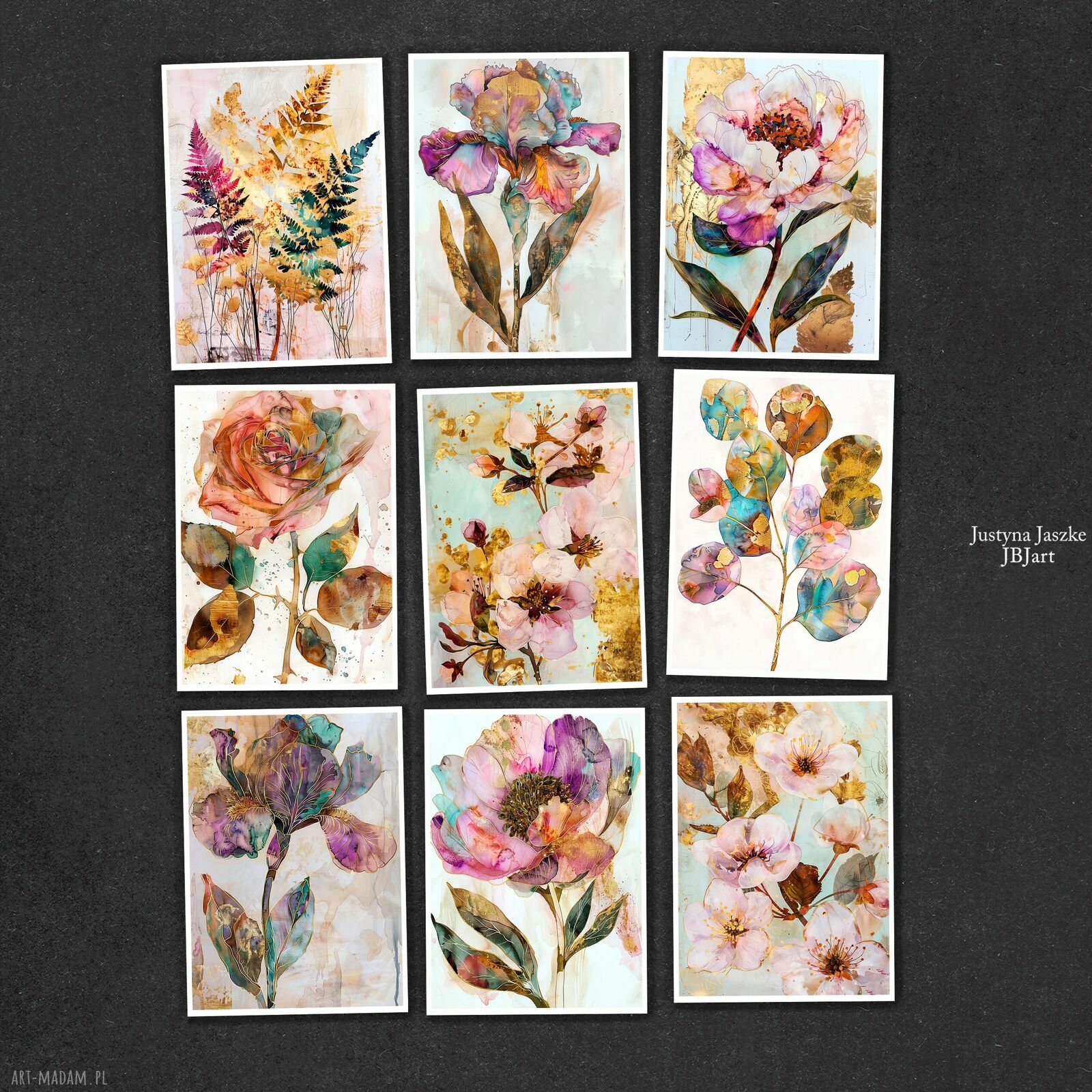 Złota Flora - zestaw 9 grafik 15x21 cm z roślinami botanicznymi