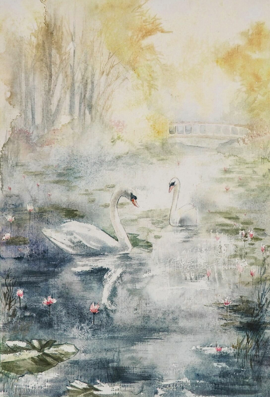 Złota Jesień nad Wodą - Akwarela z Łabędziami w białym passe-partout 50 x 70 cm