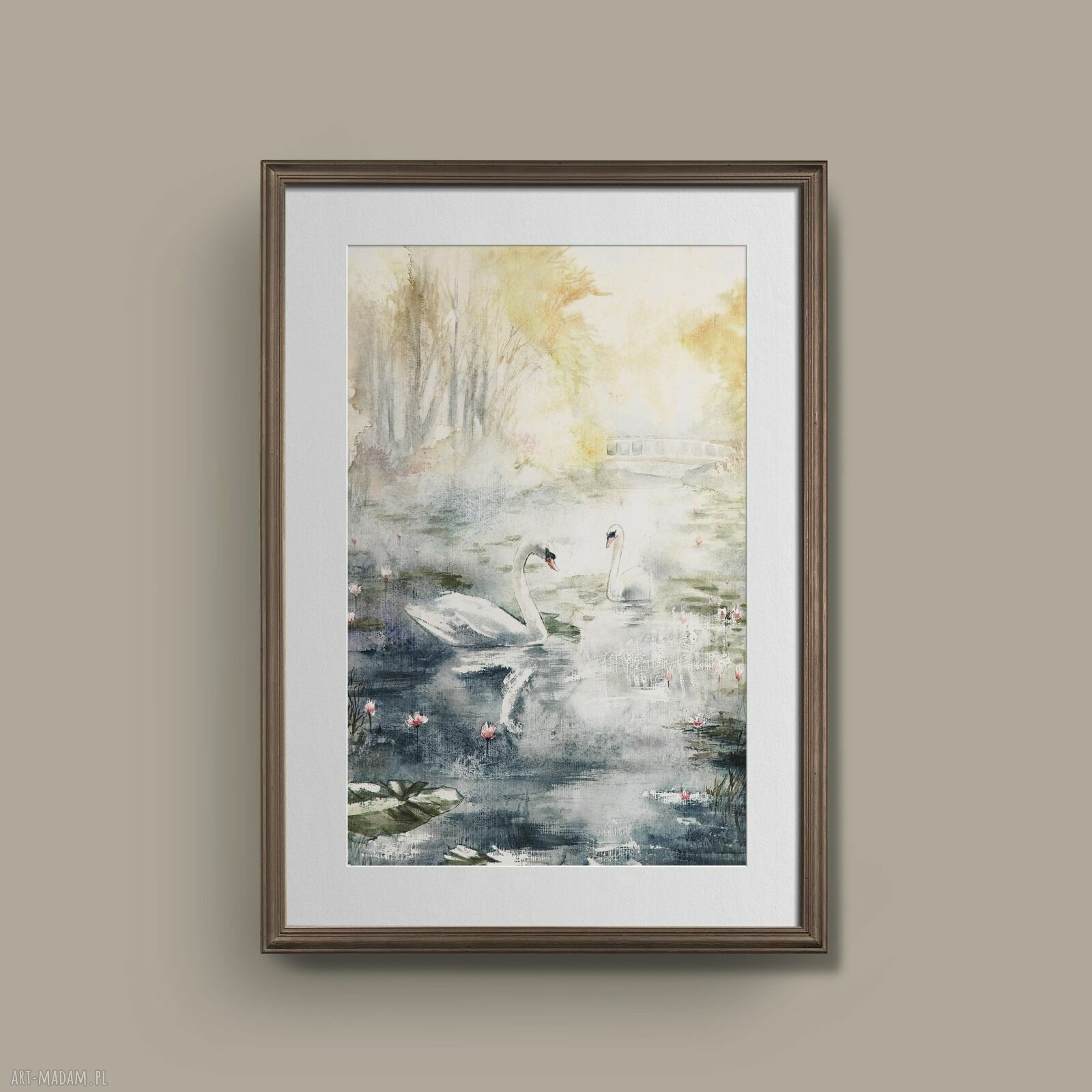 Złota Jesień nad Wodą - Akwarela z Łabędziami w białym passe-partout 50 x 70 cm