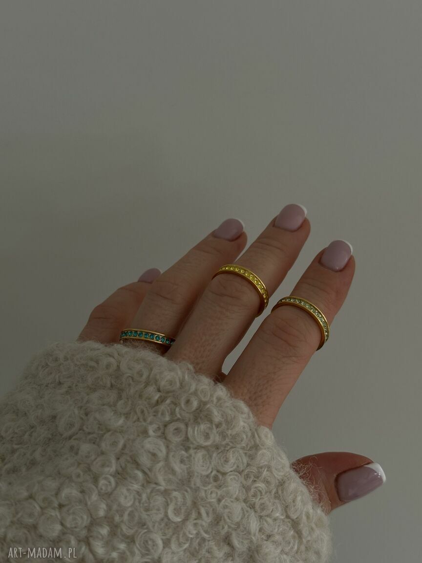 obrączki: Złota obrączka z turkusowymi kryształami Preciosa r. 12 Ręcznie zrobione