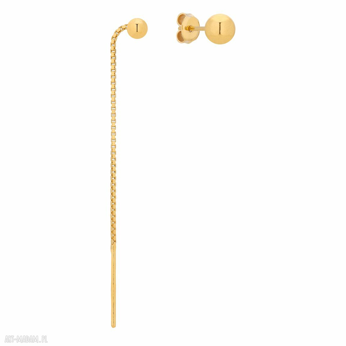 Złote asymetryczne kolczyki wiszące długie kuleczka