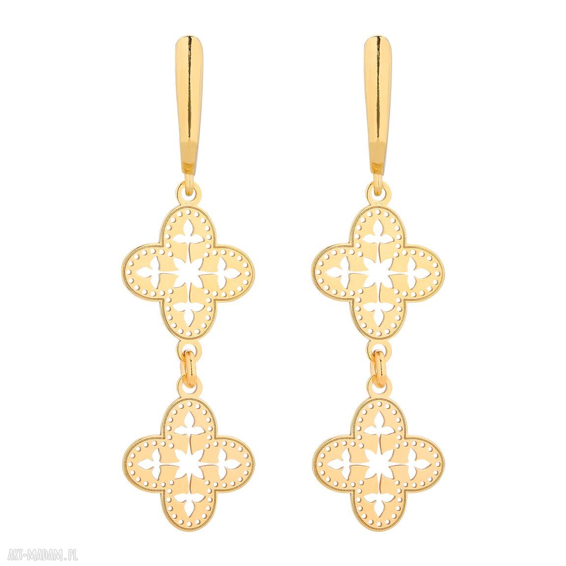 Złote długie kolczyki ażurowymi rozetkami rozetki rozetami