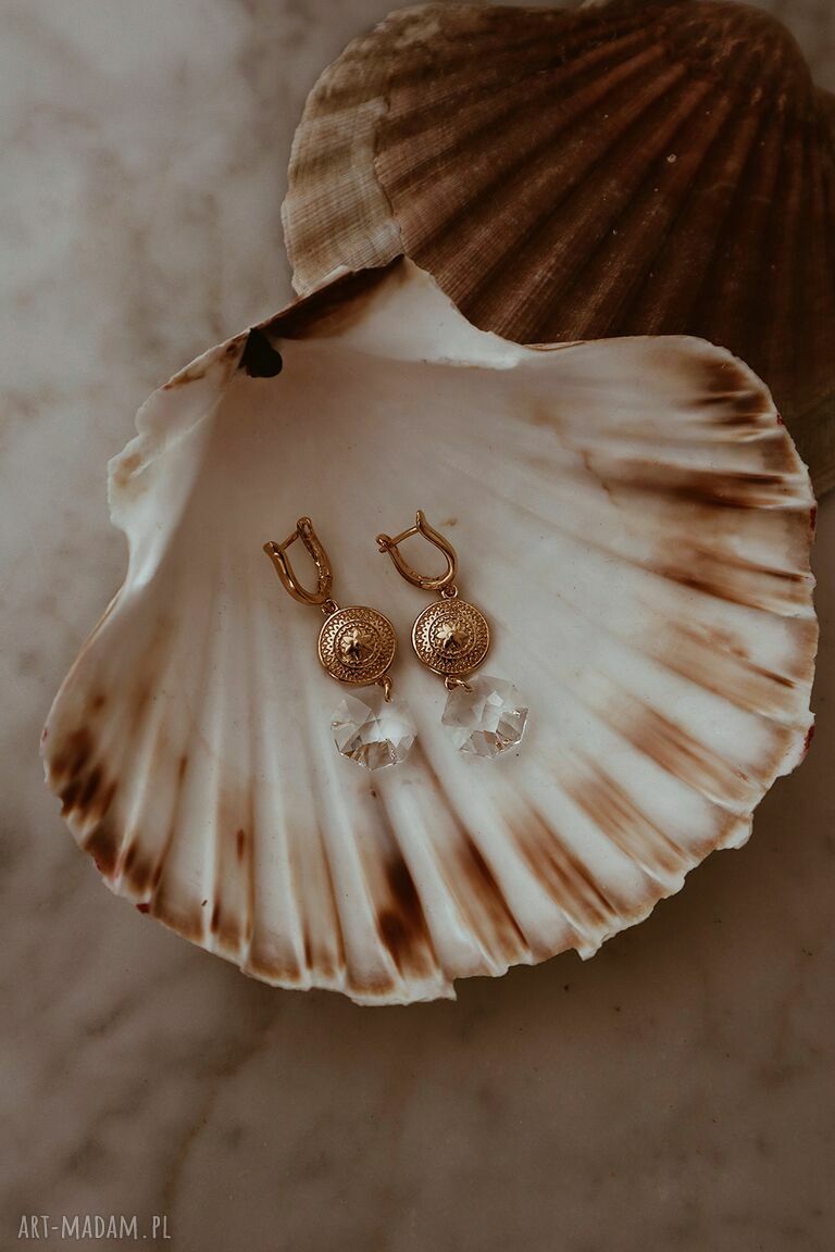 kolczyki: Złote długie kolczyki z medalionami i kryształami SWAROVSKI® CRYSTAL ręczne