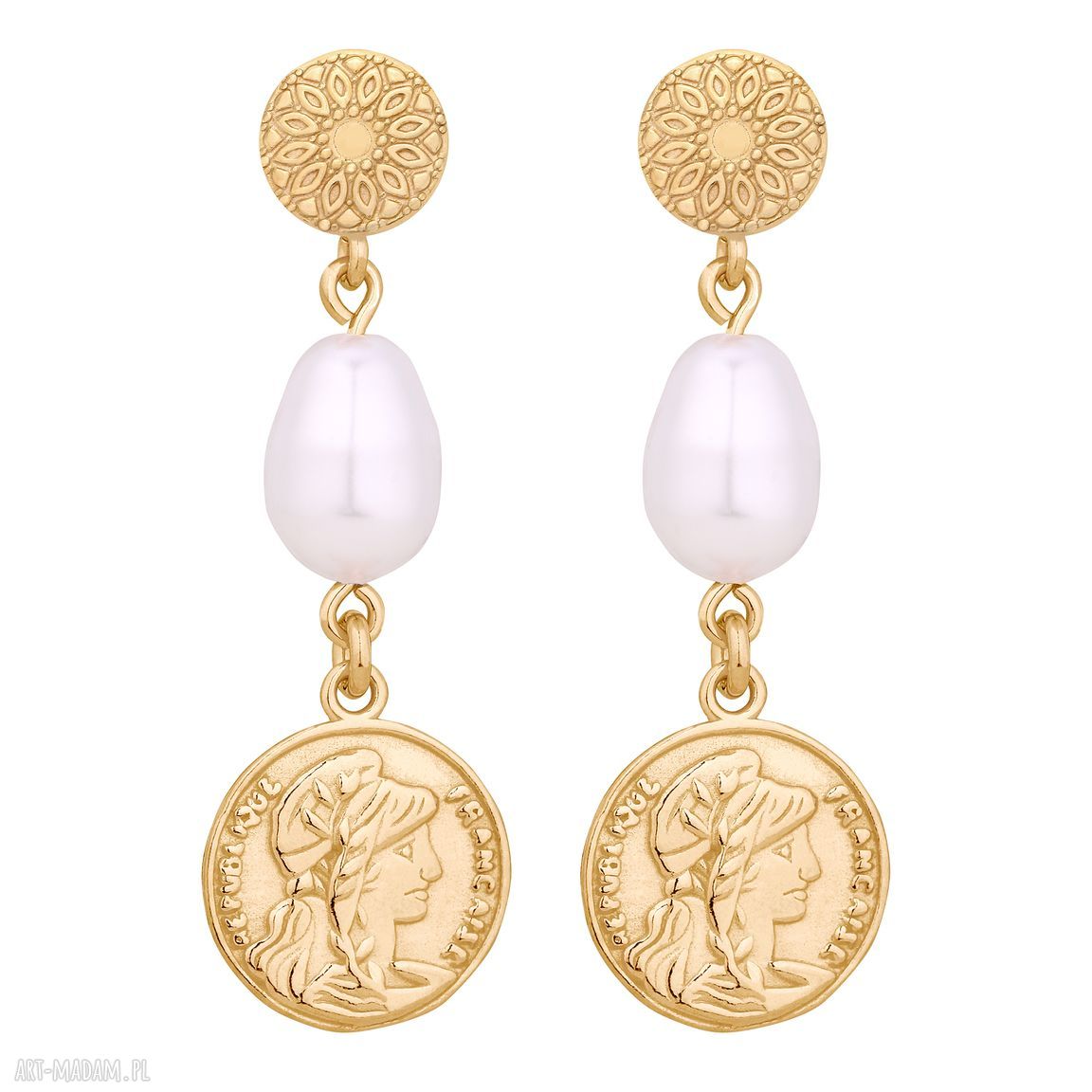 Złote długie kolczyki monetami perłami swarovski® crystal perły