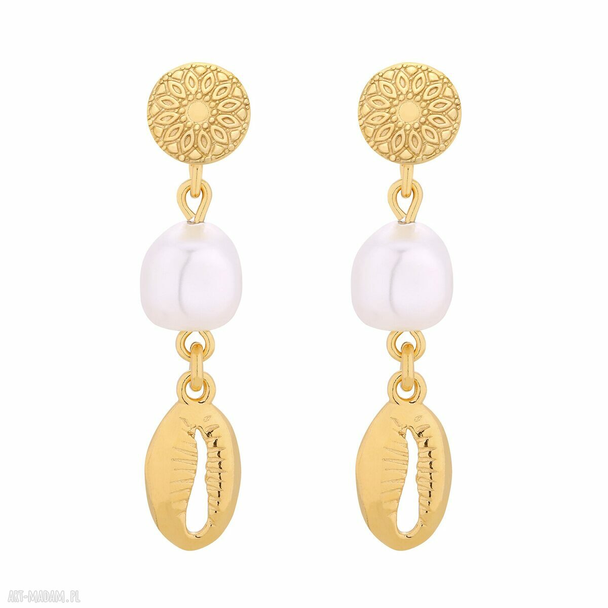 Złote długie kolczyki muszelkami perłami swarovski® crystal perły