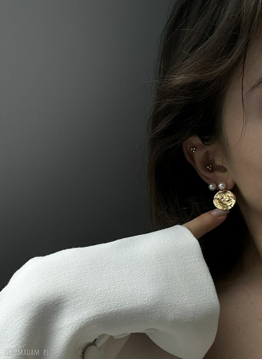 kolczyki: Złote kolczyki perły z dużymi nieregularnymi kołami Ręcznie wykonane