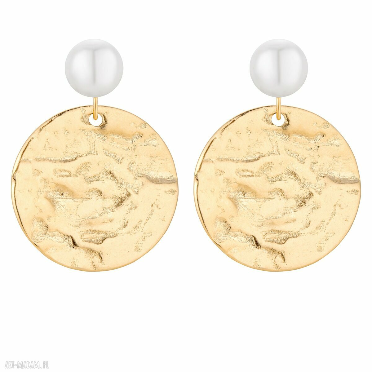 Złote kolczyki dużymi nieregularnymi kołami perła perłami