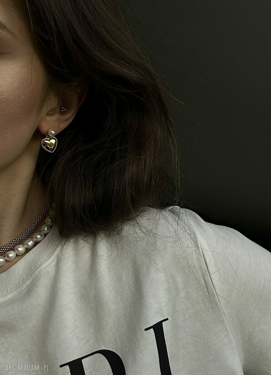 kolczyki: Złote kolczyki perły z sercami Hand Made