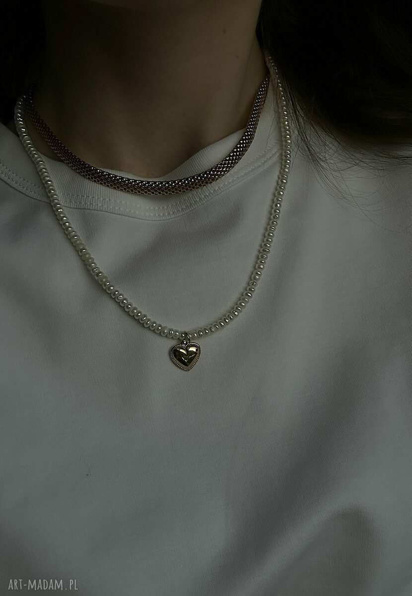 kolczyki: Złote kolczyki perły z sercami Hand Made