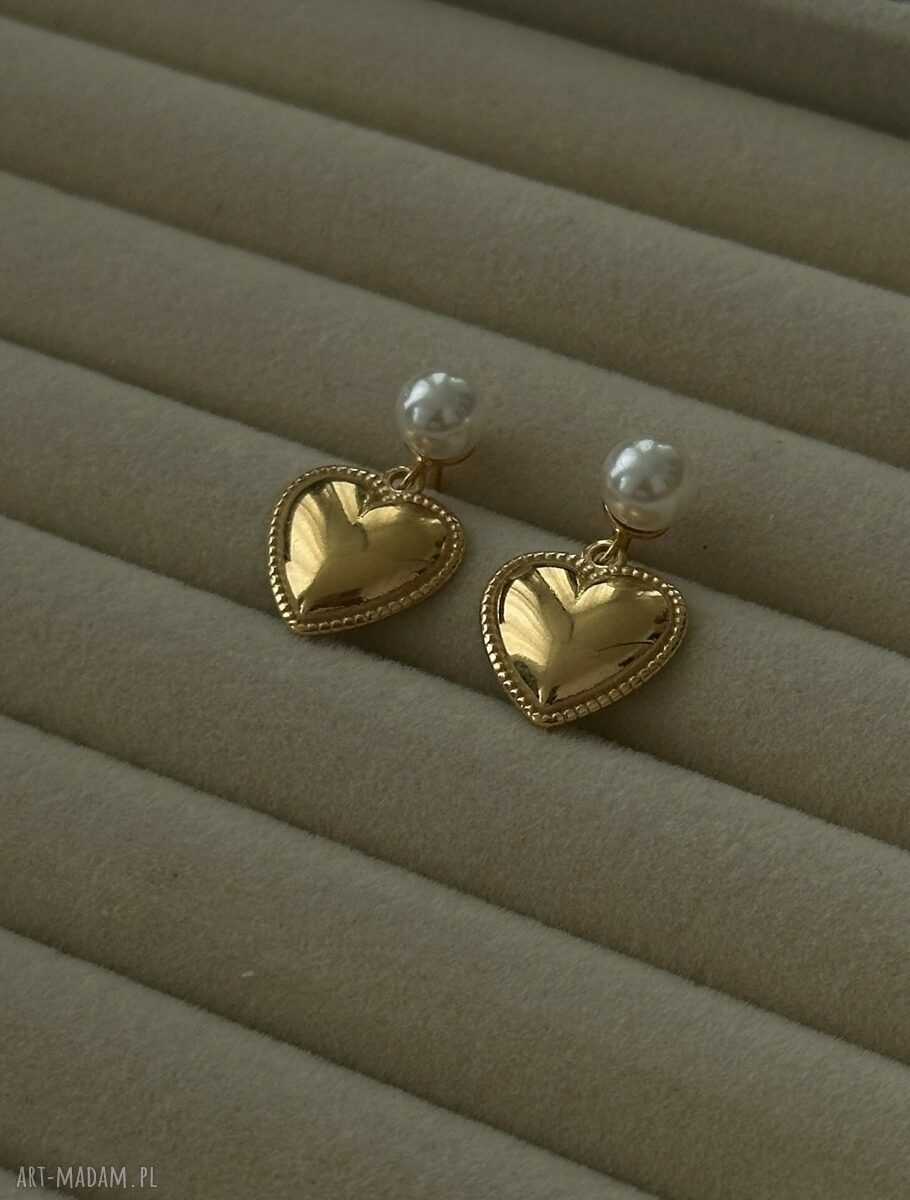 kolczyki: Złote kolczyki perły z sercami Hand Made