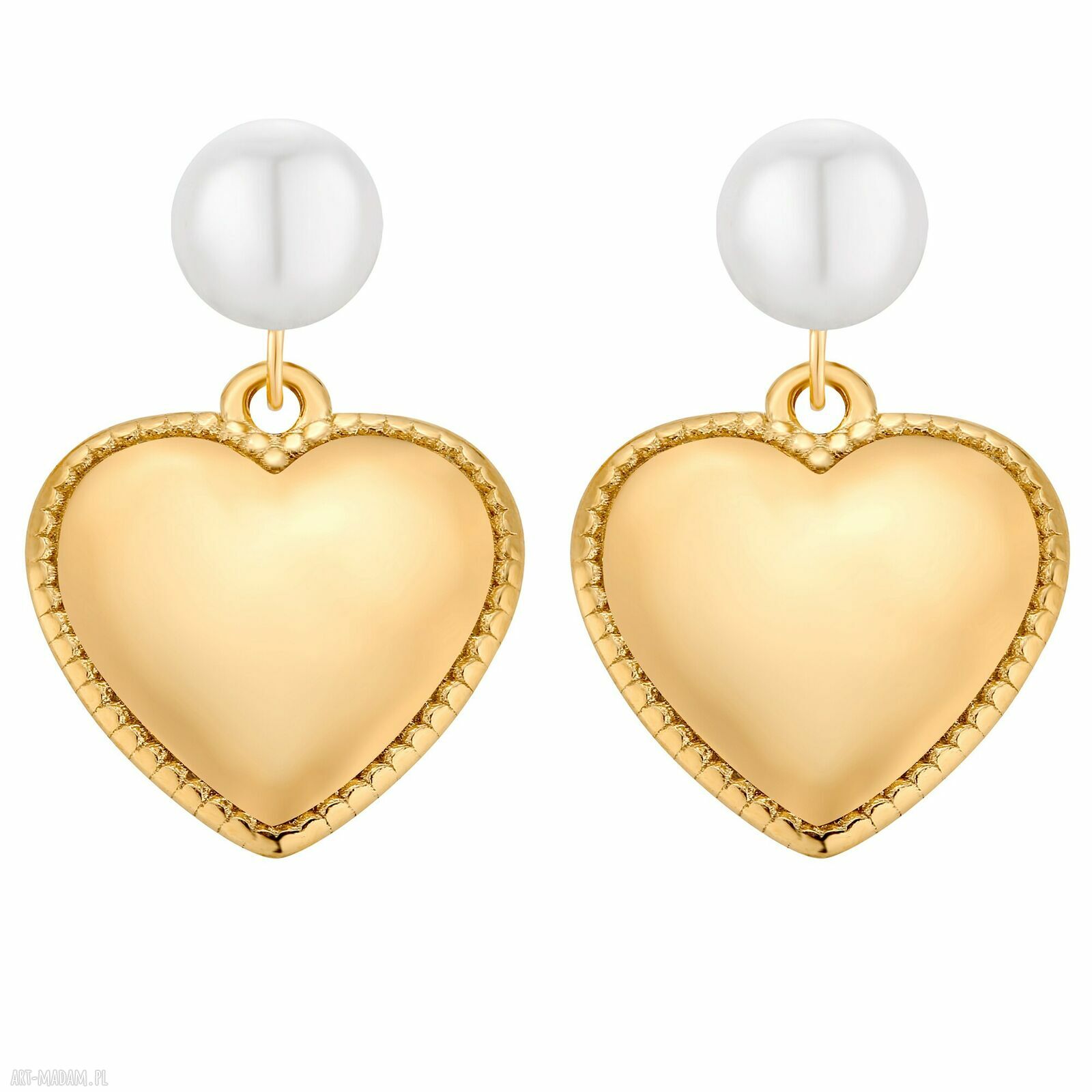 Złote kolczyki perły sercami serca serduszkami gavbari perłami