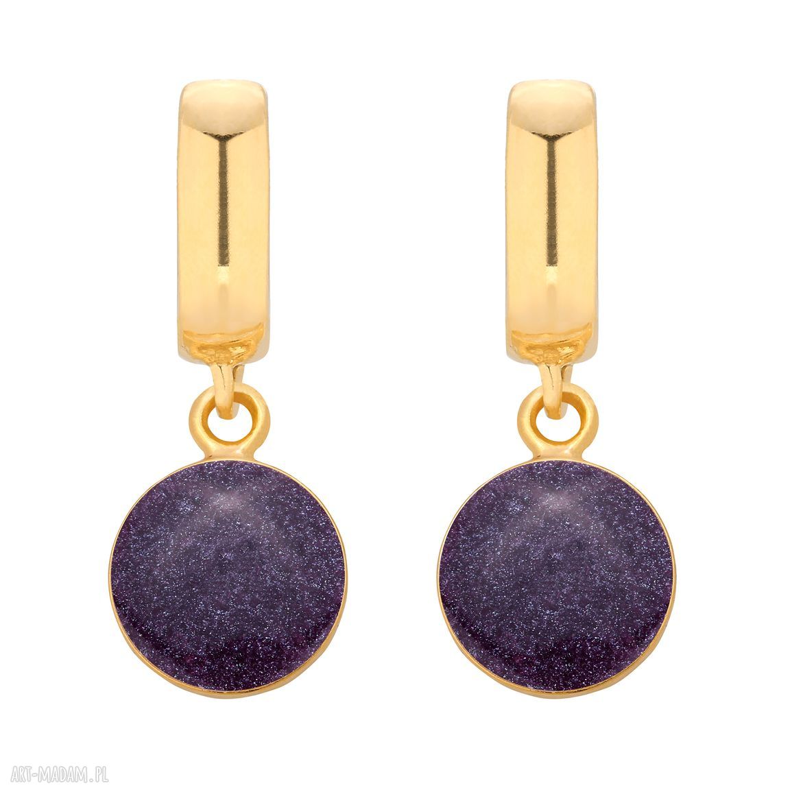 Złote kolczyki fioletową wiszące okrągłe żywica eleganckie