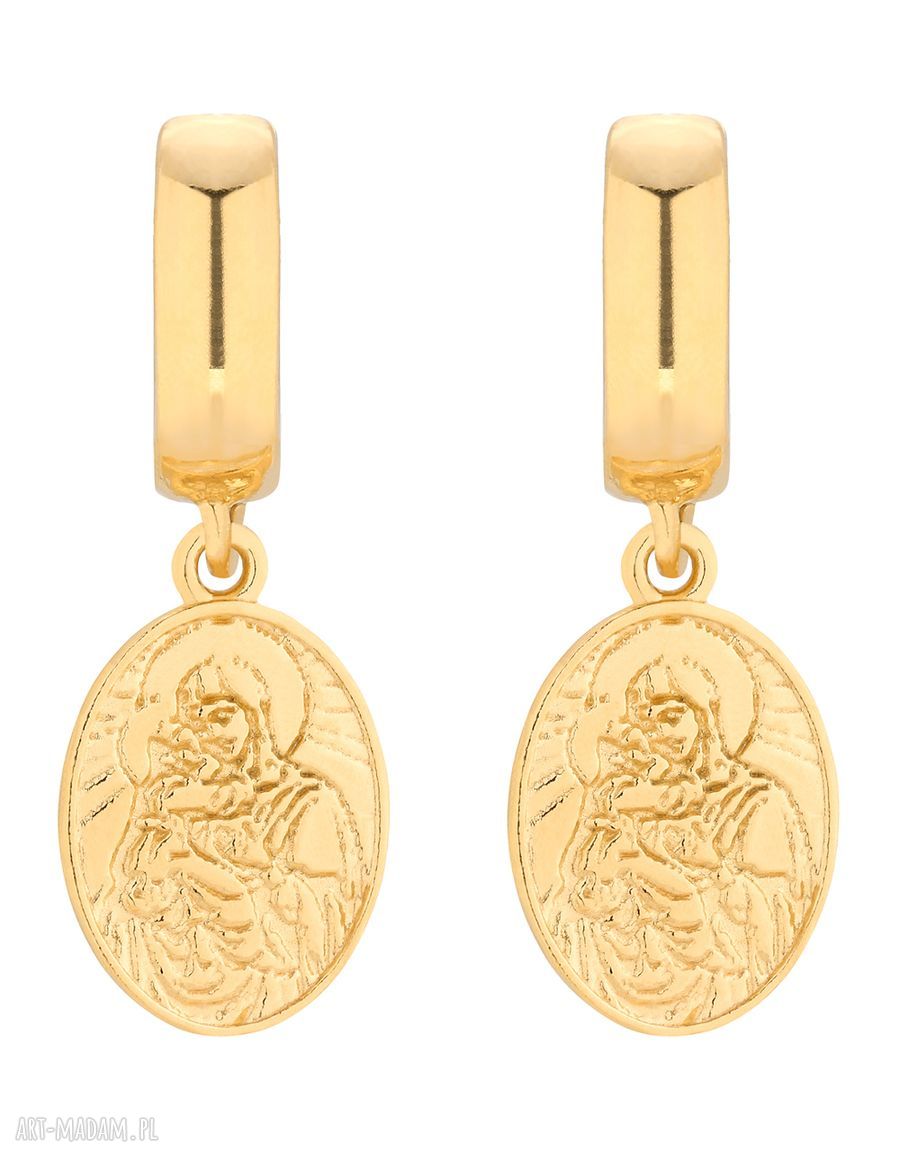 Złote kolczyki medalikami medalik wiszące zapinane modne stylowe
