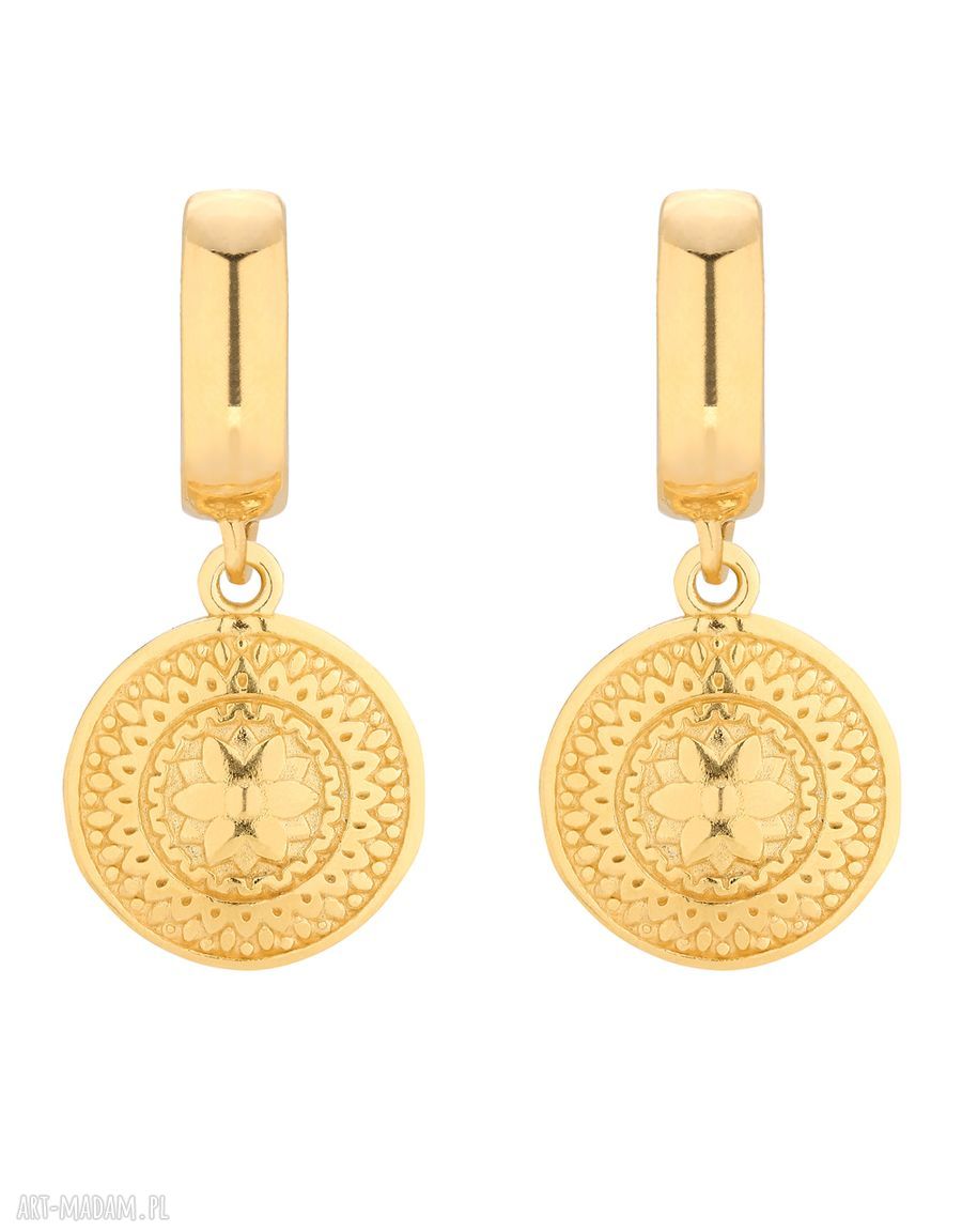 Złote kolczyki medalionami wiszące okrągłe medaliony eleganckie