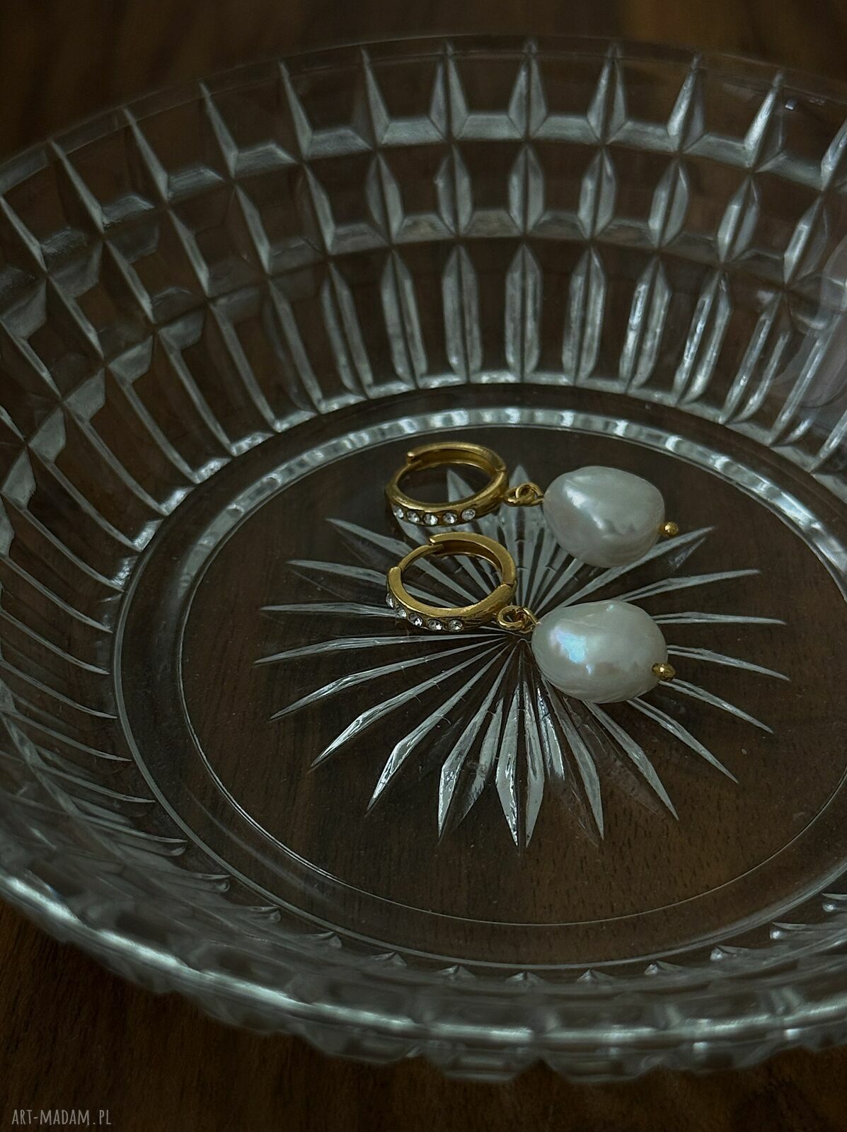 kolczyki: Złote kolczyki z perłami i kryształkami Preciosa Hand Made