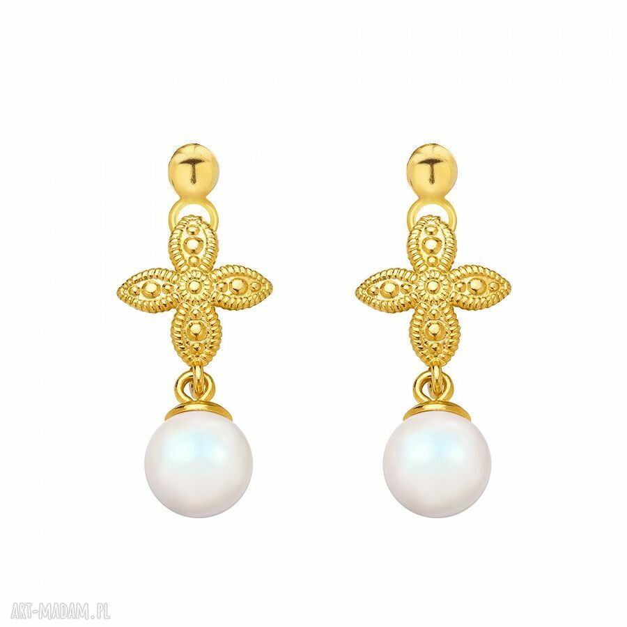 Złote kolczyki z rozetką i perłą Swarovski Crystal Pearlescent - sztyfty 3 cm