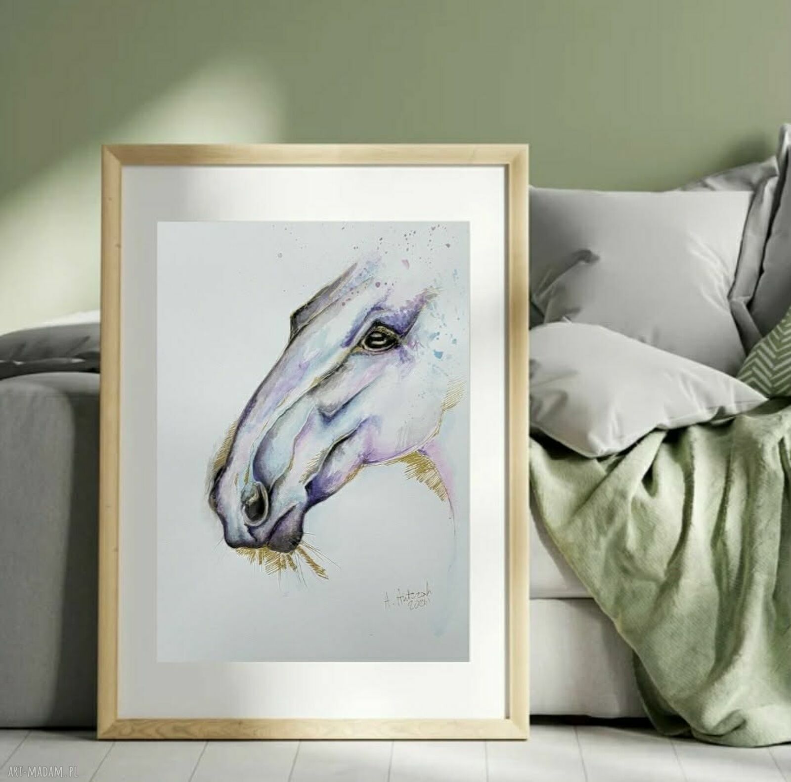 Złoto -fioletowy koń w akwareli - elegancka grafika handmade