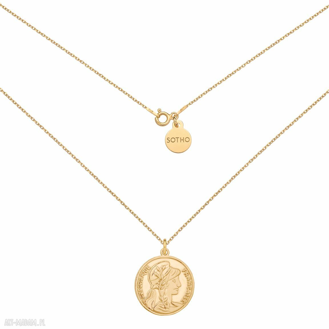Złoty medalion z dużą monetą - naszyjnik ze srebra 925 pozłacany 24k SOTHO