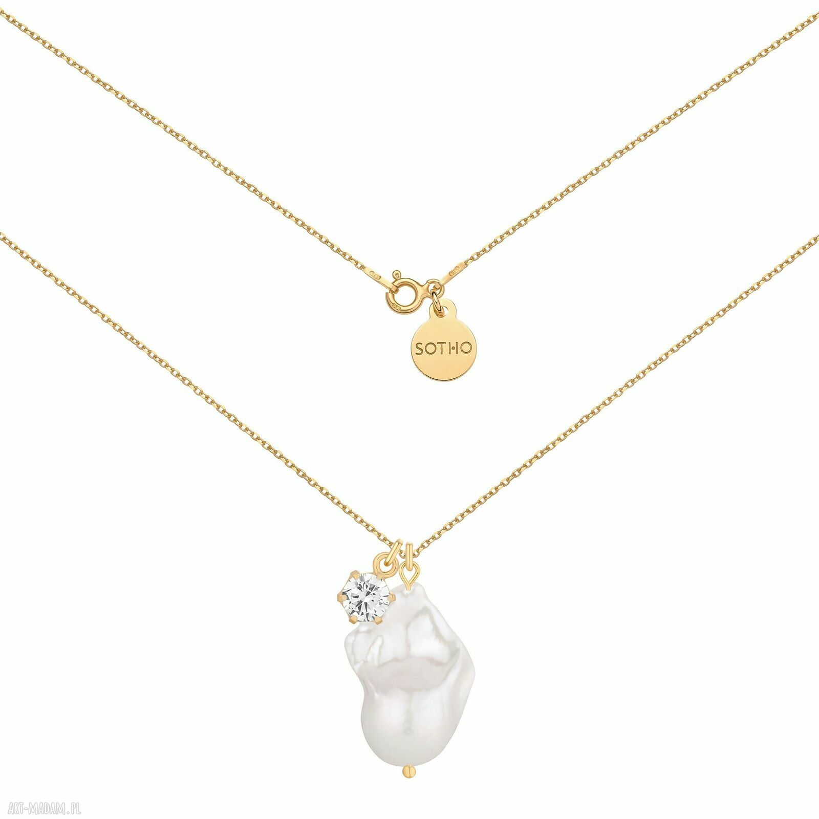 Złoty naszyjnik barokową bezbarwną cyrkonią pozłacany perła