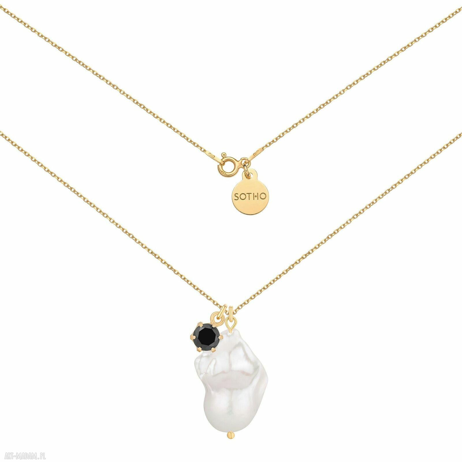 Złoty naszyjnik barokową perłą czarną cyrkonią pozłacany