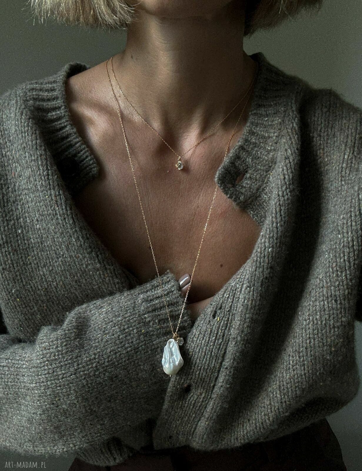 naszyjniki: Złoty naszyjnik z bezbarwną cyrkonią Handmade